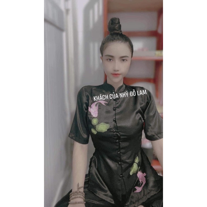 Đồ Lam Nữ Đi Chùa Mẫu Cá Ngọc Vải Lụa Satin MÀU ĐEN