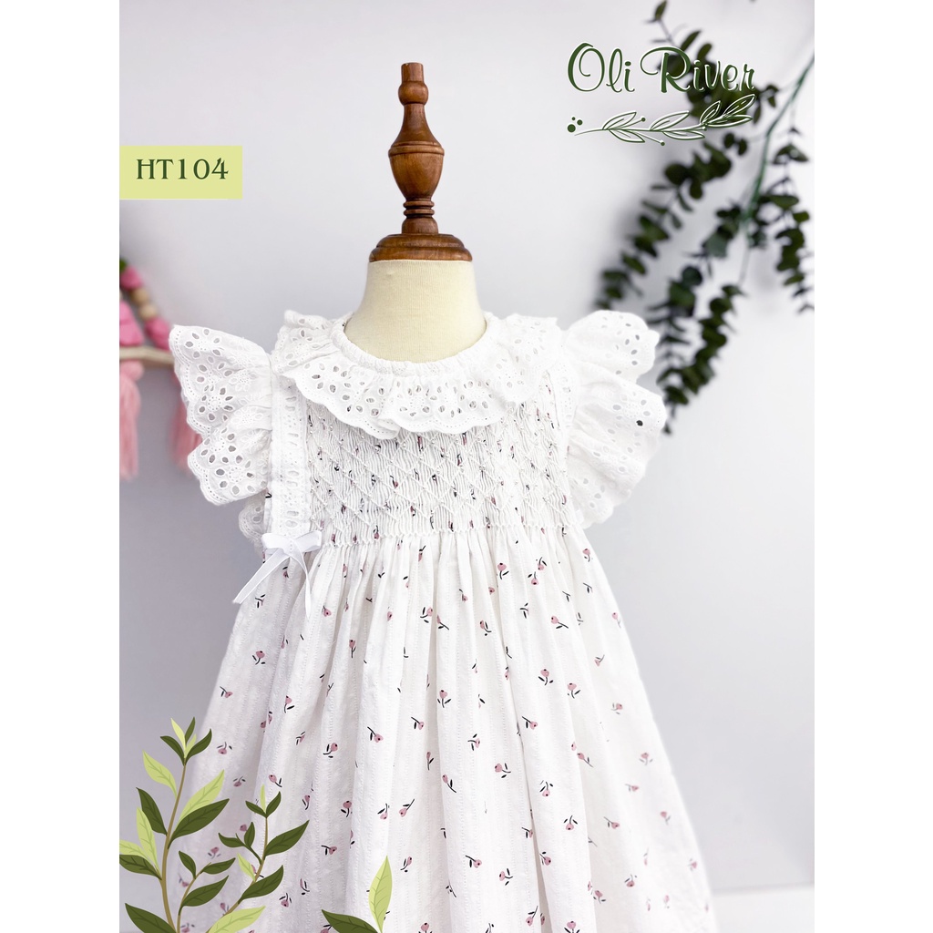 Đầm Smock bé gái cổ tròn phối vải ren tay cánh tiên điệu đà xinh yêu 8-25kg
