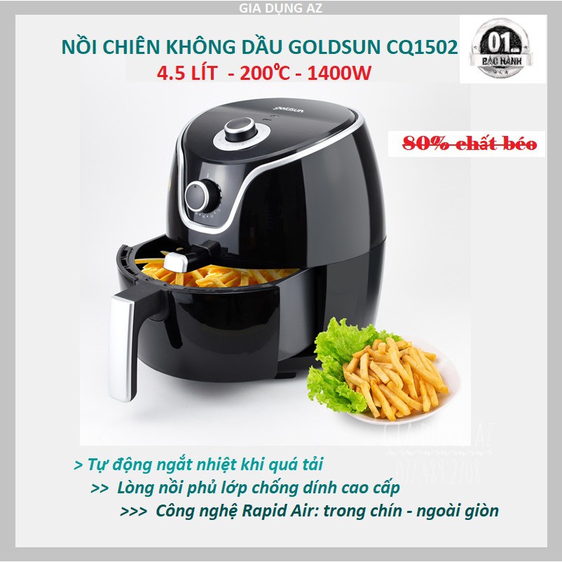 Nồi chiên không dầu 4.5 lít CQ1502 Goldsun hàng chính hãng, chống dính cao cấp, thiết kế thông minh bảo hành 12 tháng