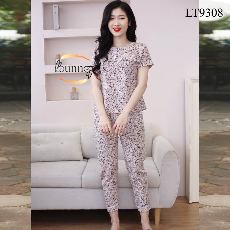 [Bunny] ĐỒ BỘ NỮ MẶC NHÀ CHẤT LIỆU LỤA MỀM MÁT TAY CỘC QUẦN DÀI CỔ BÈO ZEN SỌC