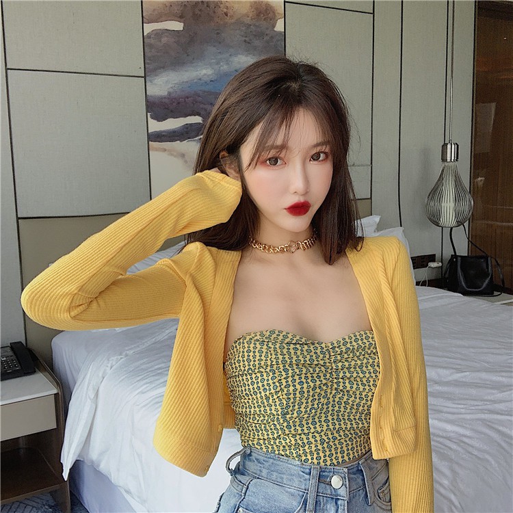 Áo quây croptop hoa nhí + áo khoác croptop Vàng hottrend hè đi biển R96