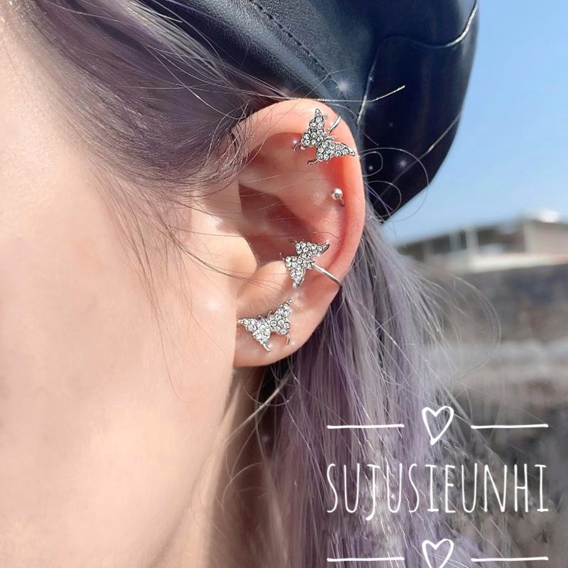 6 mẫu (có mẫu không xỏ)Khuyên tai bướm mạ Bạc 925 đính đá sáng lấp lánh