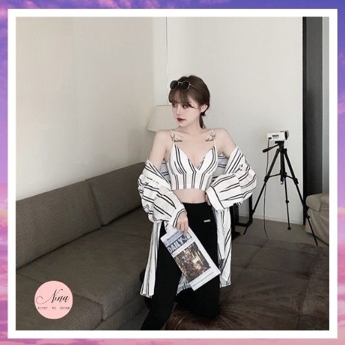 Set Áo Bra Có Mút Kèm Áo Khoác Sơ Mi Kẻ Sọc Xanh NinaStore (Có video đánh giá + Ảnh thật)