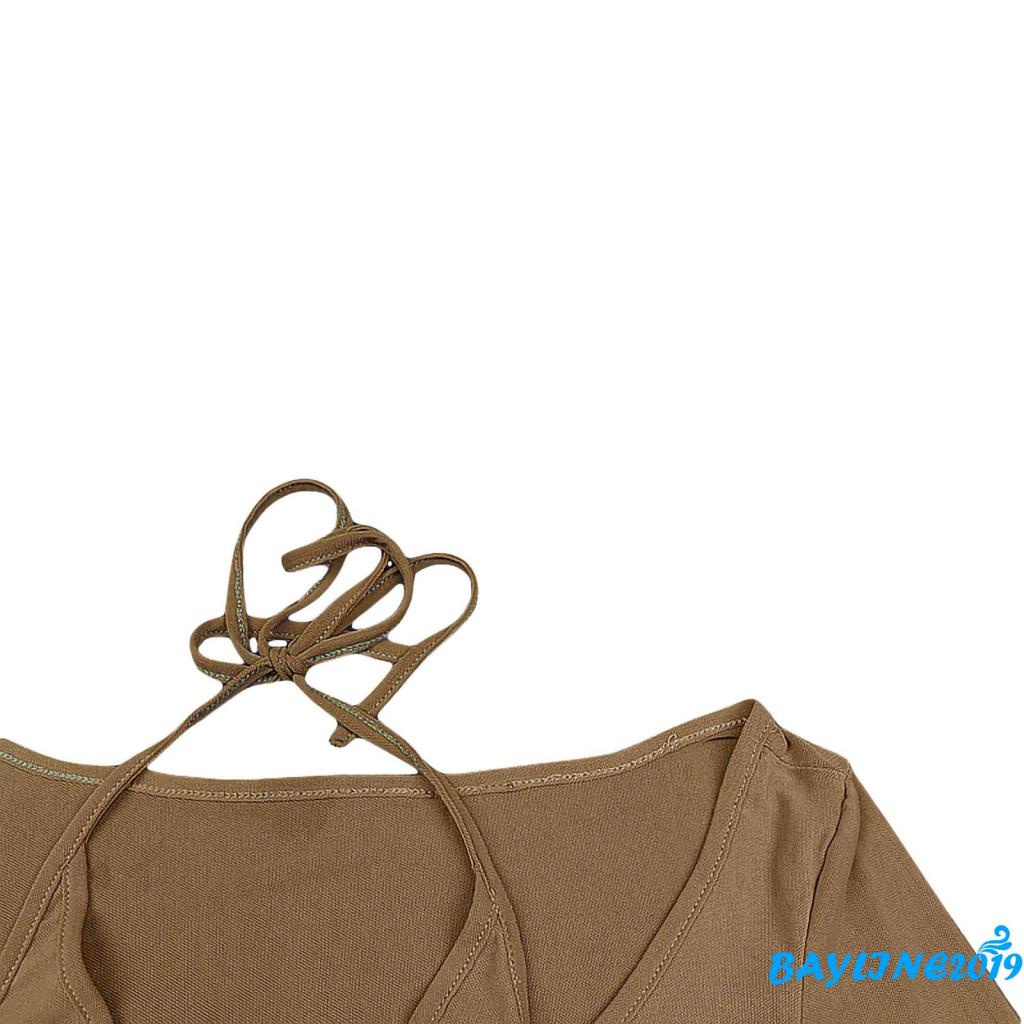 Áo Croptop Tay Dài Màu Trơn Phối Nơ Thời Trang Cho Nữ