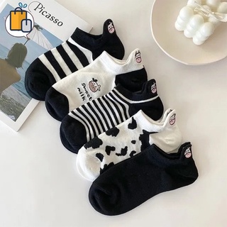 Vớ Thuyền Ngắn Thêu Họa Tiết Bò Sữa Hoạt Hình Phối Sọc Đen Trắng Ngọt Ngào Phong Cách Nhật Bản