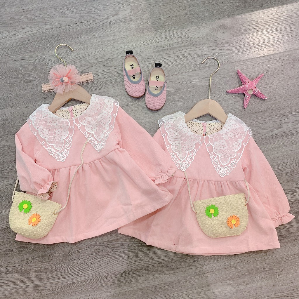 Váy công chúa babydoll hồng cổ ren cho bé gái - Mẹ Gạo Quần Áo Trẻ Em