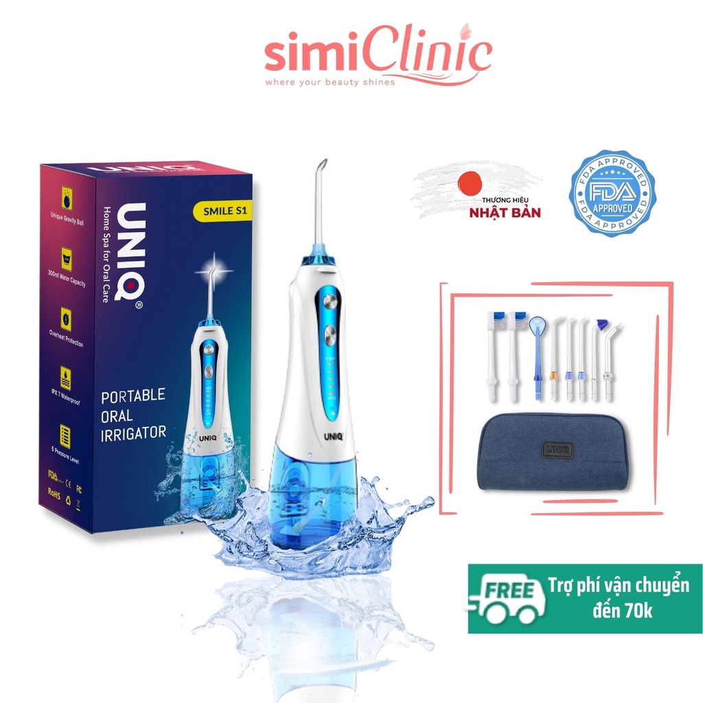 Tăm nước cầm tay UNIQ Smile S1 máy vệ sinh răng miệng mini xịt rửa làm sạch kẽ răng niềng cạo lưỡi Waterpik SIMI