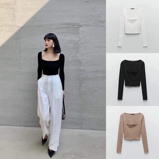 [HÀNG MỸ] Áo croptop FOREVER21 thun cotton bozip tay dài cổ vuông nâu, đen, trắng