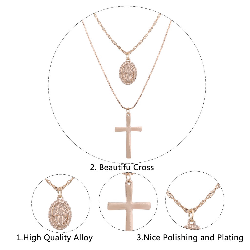 Dây chuyền hợp kim hai lớp mặt hình học và cây thánh giá màu vàng thời trang