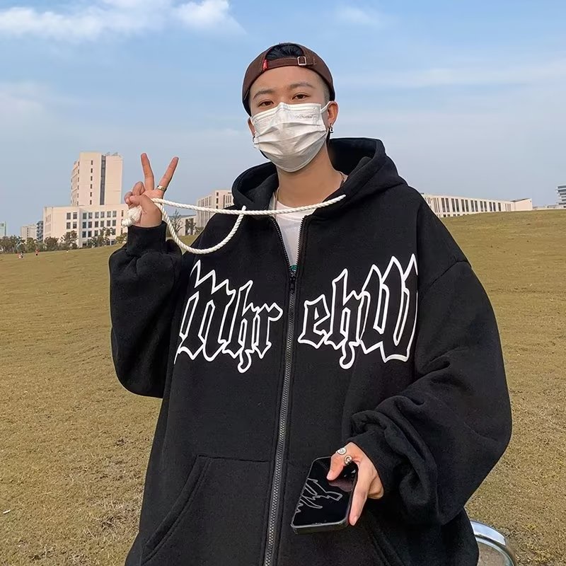 【Ba màu】vintage zip Kaki áo hoodie nam nữ harajuku Nâu áo hoodie form rộng áo khoác nam dây kéo Hiphop áo hoodie nữ