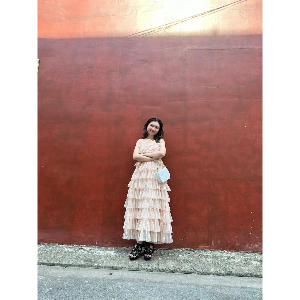 Váy Maxi Tầng Lưới tiểu thư voan tơ 2 dây Có Mút Ngực - đầm Nữ trễ vai công chúa phong cách ulzzang hàn quốc G5