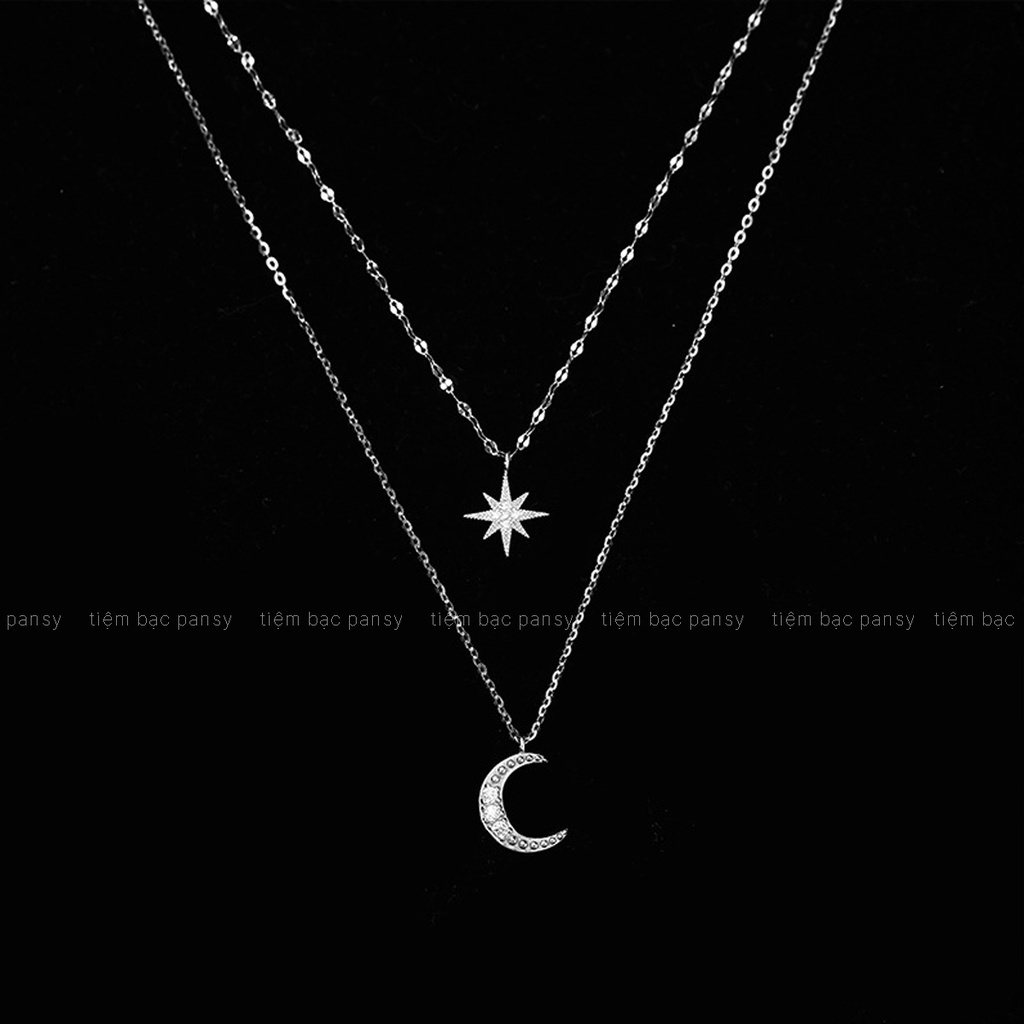 Dây chuyền bạc dây đôi PANSY mặt ngôi sao và mặt trăng, vòng cổ nữ sang trọng nữ tính bằng bạc ta