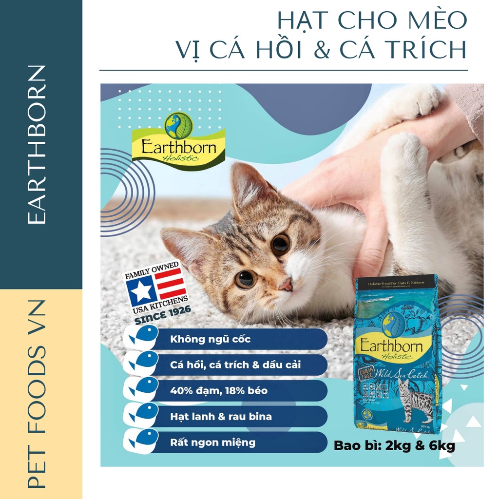 Hạt cho mèo EARTHBORN Wild Sea Catch 2kg vị Cá Hồi &amp; Cá Trích