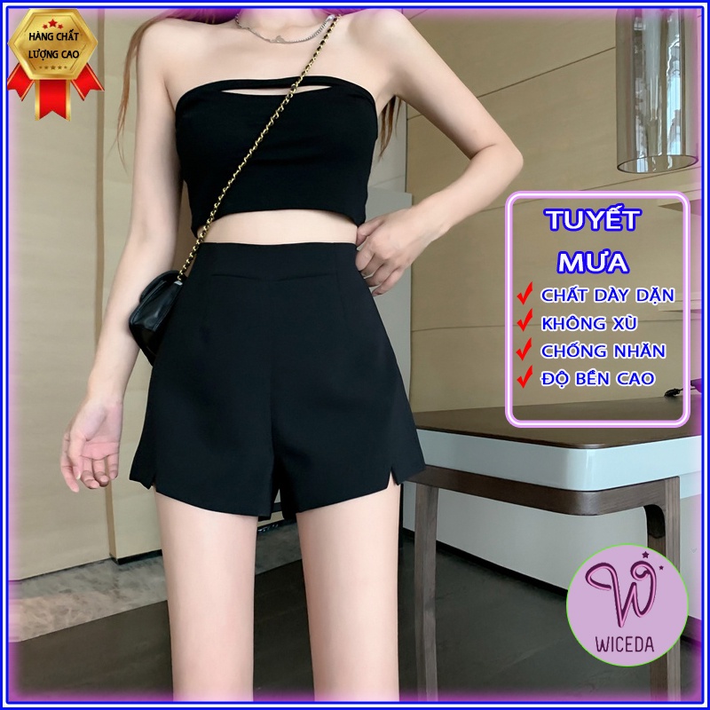 Quần short nữ cạp cao sẻ gấu chữ v xinh ,quần sooc đùi lưng cao chất tuyết mưa đẹp 2 màu đen da Wiceda QS351