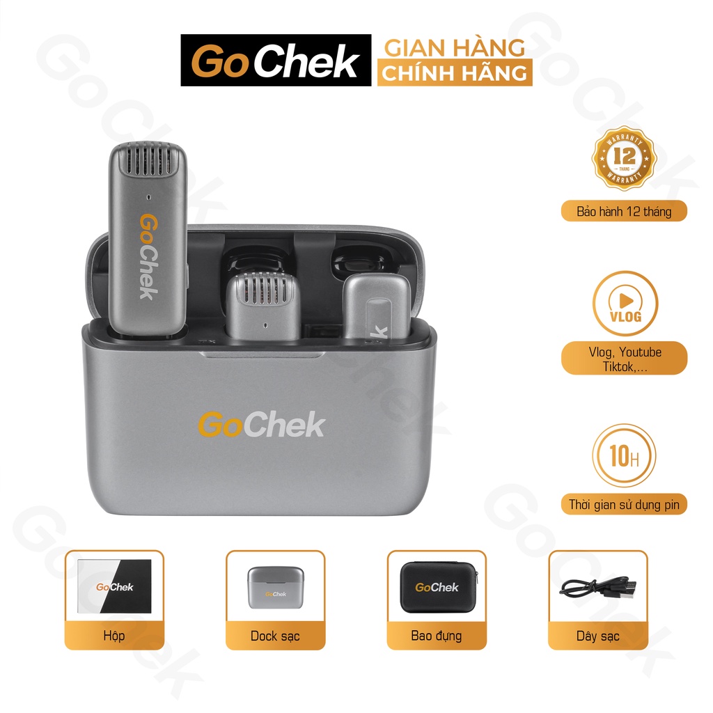Bộ 2 Micro thu âm không dây với hộp sạc GoChek Pro khử tiếng ồn phát trực tiếp/quay video giọng thật ghi âm GC-D