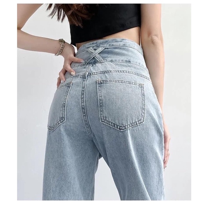 Quần Jeans Nữ Cạp 3 Cúc Màu Xanh Nhạt Ống Suông Lưng Cao Phong Cách Hàn Quốc Năng Động Cá Tính Chất Jean Loại 1