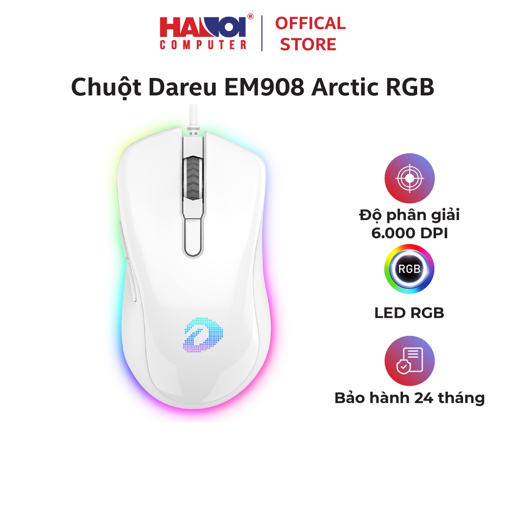 Chuột Dareu EM908 Arctic RGB (USB/màu trắng) Tốc độ tối đa lên tới 150ips, đảm bảo độ chính xác
