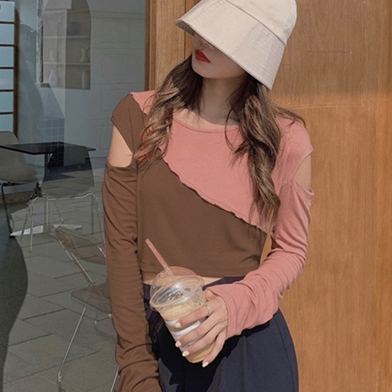 Áo thun cổ tròn tay dài hở vai hợp thời trang gợi cảm cho nữ