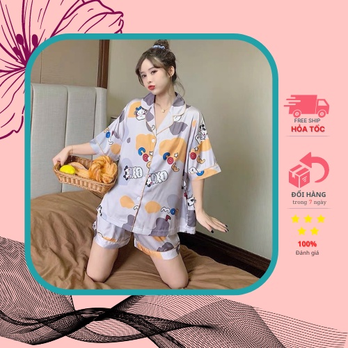 Bộ đồ ngủ pijama nữ cộc tay quần đùi vải Kate Thái mềm mịn họa tiết bò sữa xám hoạt hình