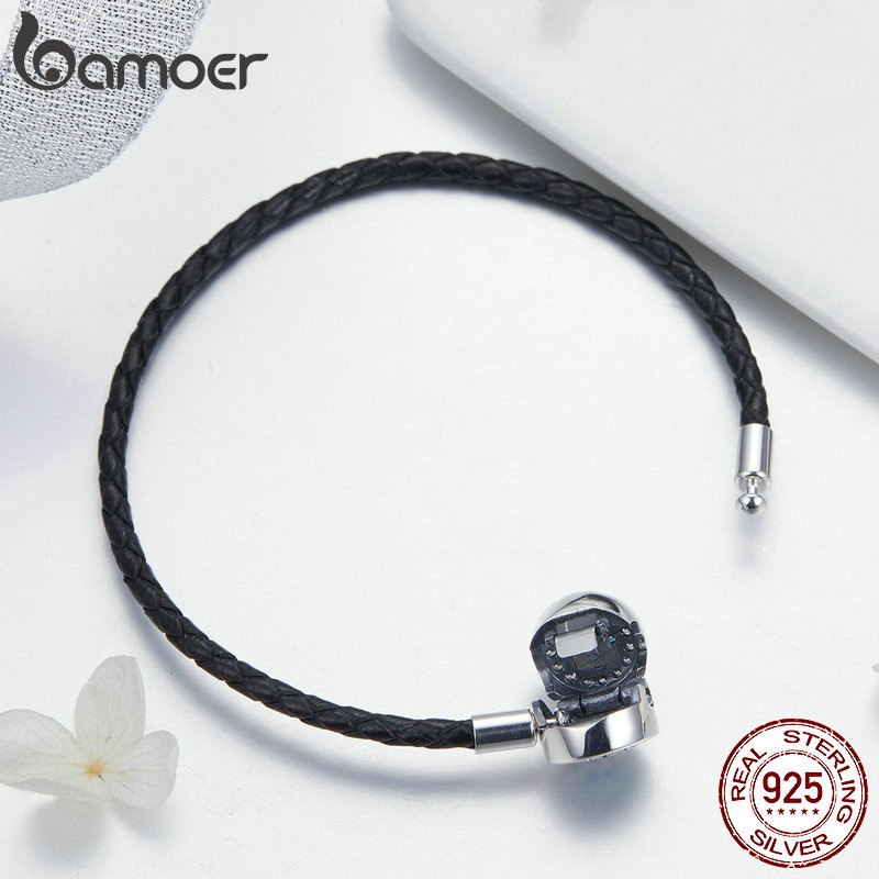 Vòng đeo tay BAMOER bạc 925 dây da bện đính đá zircon mặt mắt quỷ thời trang