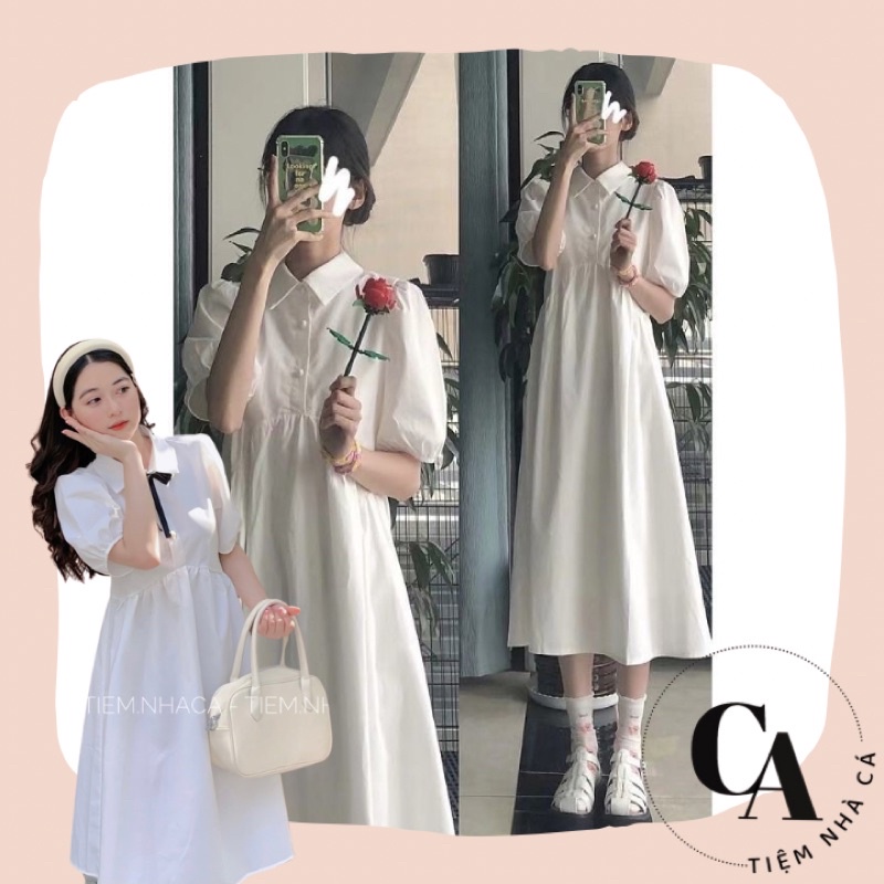 Váy babydoll váy trắng dáng dài xẻ eo cúc ngọc hottrend ulzzang đi chơi, đi học (có sẵn)