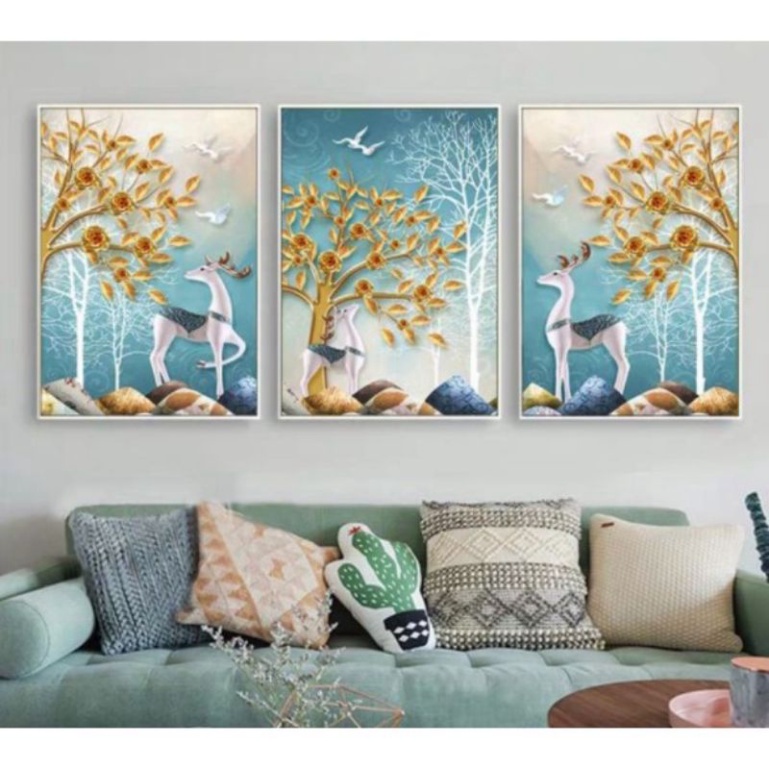 Tranh thêu kín chữ thập Bộ 3bức Hươu Nai tài lộc MN0144(130x65cm)