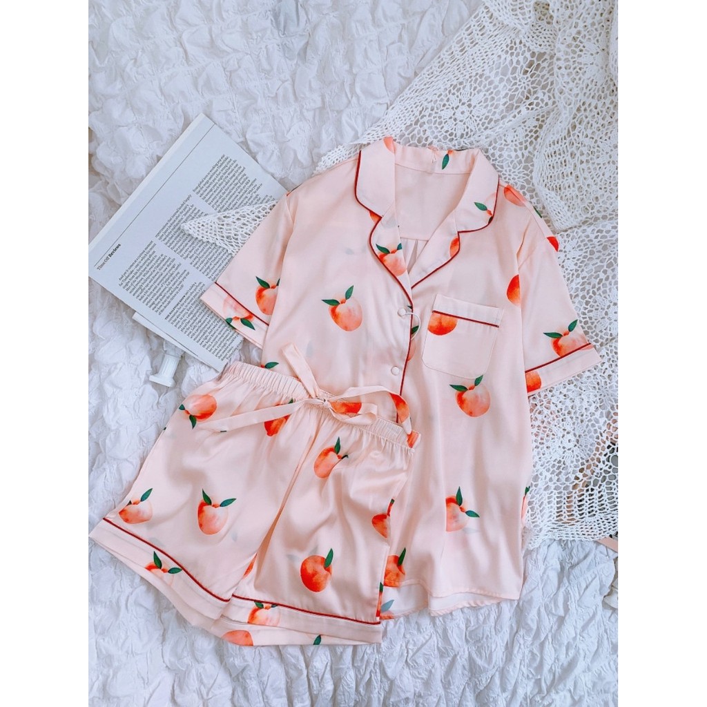 Bộ đồ ngủ mặc nhà lụa satin cao cấp chất mát hoạ tiết trái cây 4 màu mùa hè 2021 | BigBuy360 - bigbuy360.vn