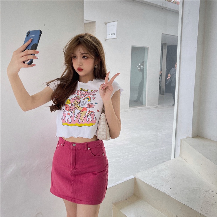 Áo Thun Croptop Tay Ngắn Màu Trơn In Họa Tiết Dễ Thương Phong Cách Hàn Quốc Cho Nữ