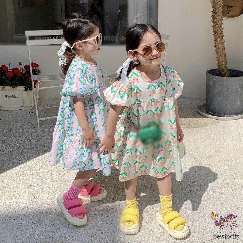 Đầm Công Chúa Tay Bồng In Hoa Phong Cách Hàn Quốc Dành Cho Bé Gái