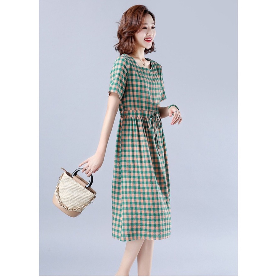 Đầm linen dáng suông kèm dây rút eo, đầm bigsize dáng dài qua gối da169