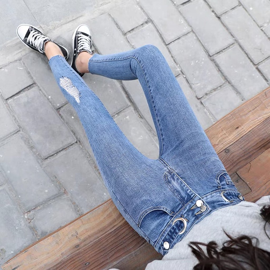 Quần jean dài 9 tấc BIGSIZE Lưng siêu cao, đai lưng 2 nút kiểu, co dãn mạnh rẻ đẹp 3875 Moliruan