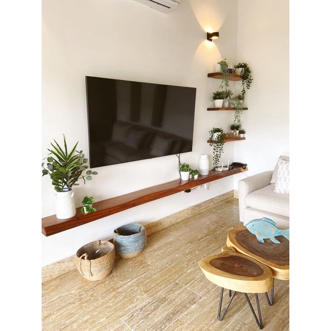 Kệ tivi treo tường gỗ tự nhiên, kệ tivi thanh ngang, làm giá sách