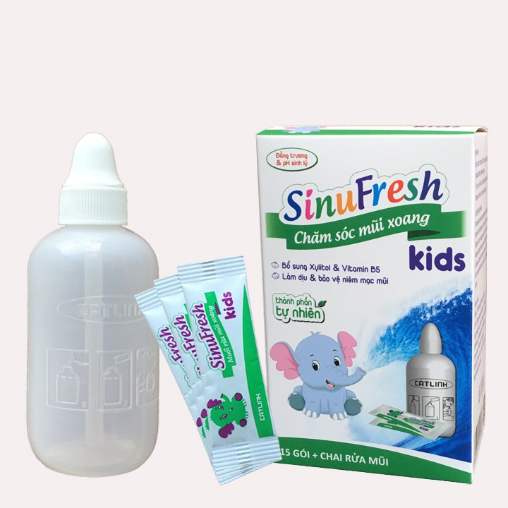 [FREE SHIP COMBO] Muối Rửa Mũi Xoang Cát Linh Mới SinuFresh Kids (Muối Rửa Mũi Xoang Trẻ Em) Hộp 15 Gói + 1 Chai 180 mL