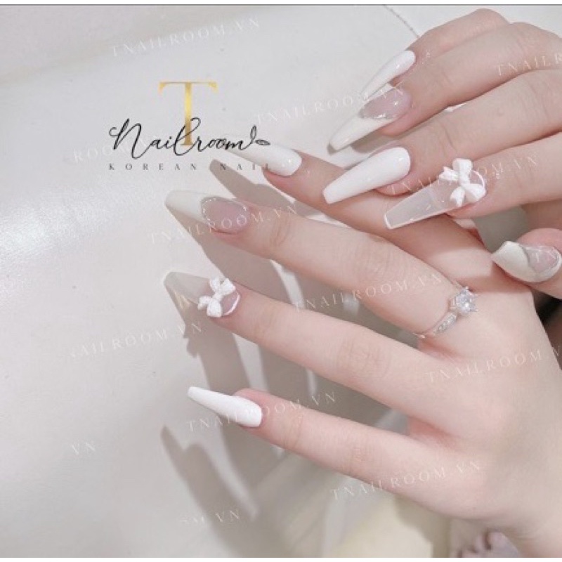 NAIL BOX GIÁ RẺ. SET 10MÓNG UP GẮN CHARM NƠ MÀU TRẮNG