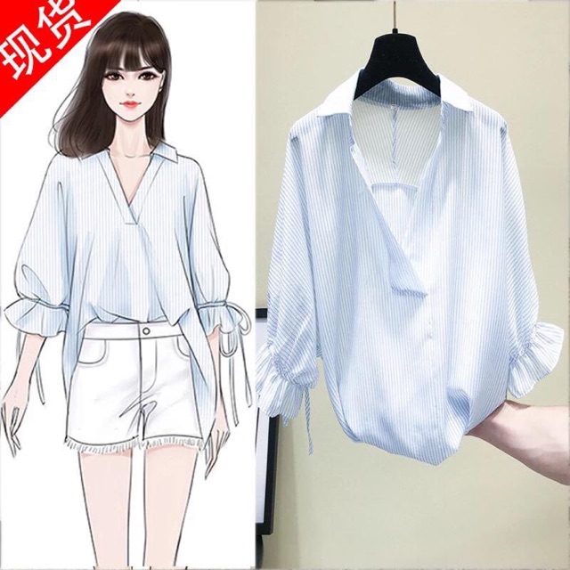 (Order) Áo sơ mi nơ tay cổ V