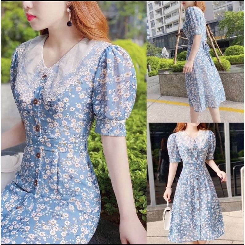 Đầm xòe hoa xanh cổ ren đính nút xinh xắn đi làm dạo phố Flora Dress Petystore full size D007 | BigBuy360 - bigbuy360.vn