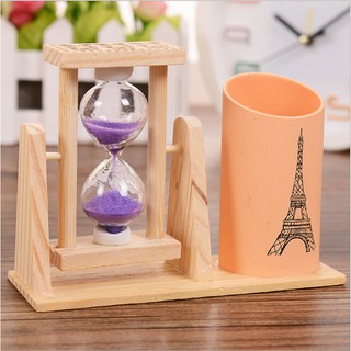 Đồng hồ cát kèm ống đựng bút GỖ 1 ngăn dạng tròn độc đáo- giao mẫu ngẫu nhiên