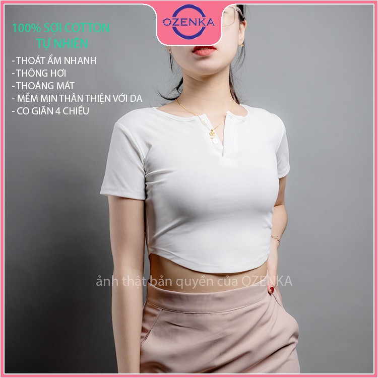 Áo croptop nữ cổ tròn khoét eo OZENKA , áo thun nữ kiểu crt ôm body tay ngắn thun gân 100% cotton màu đen trắng ghi hồng