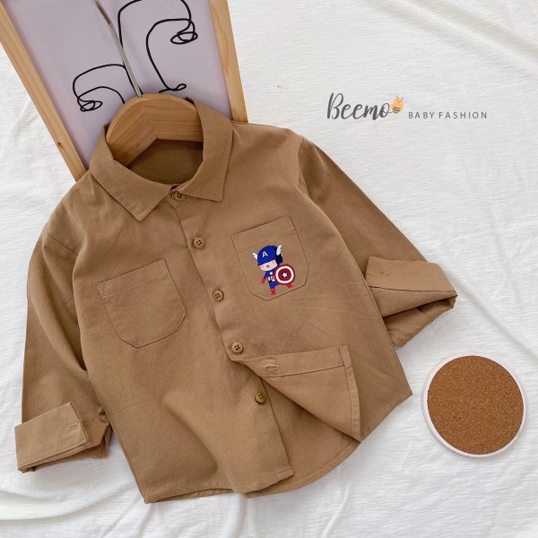 Áo sơ mi bé trai Beemo Hàn Quốc có túi áo màu trơn trắng, nâu - ATBA