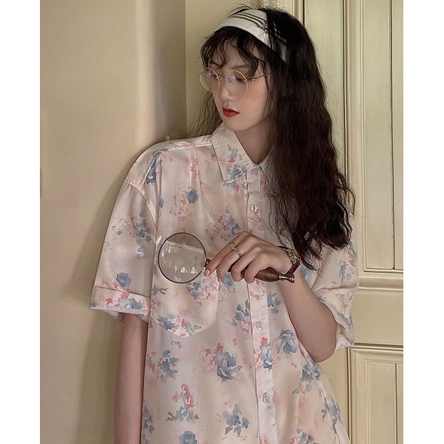 Mới Áo Sơ Mi Tay Ngắn Họa Tiết Hoa Phong Cách Retro Hàn Quốc