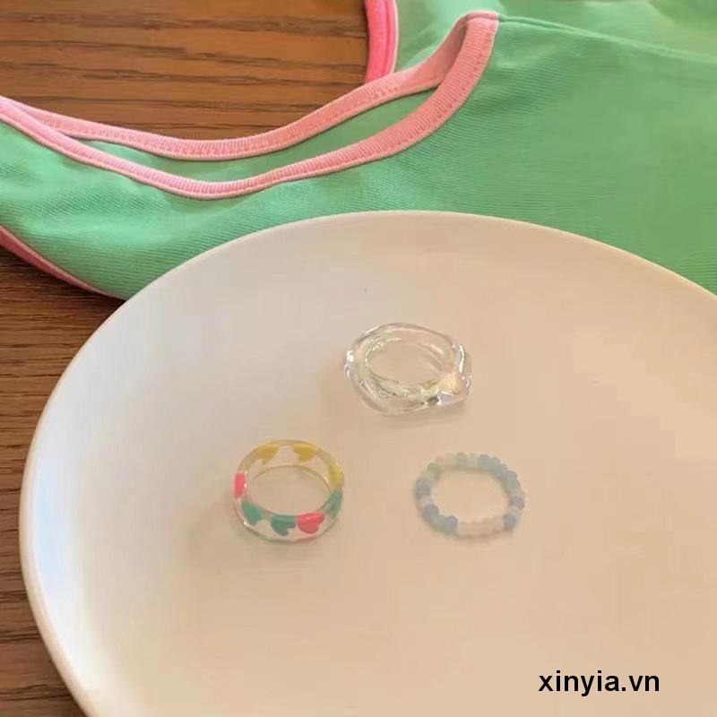 Bộ 3 Nhẫn Acrylic Trong Suốt Đính Hạt Hình Trái Tim Nhiều Màu