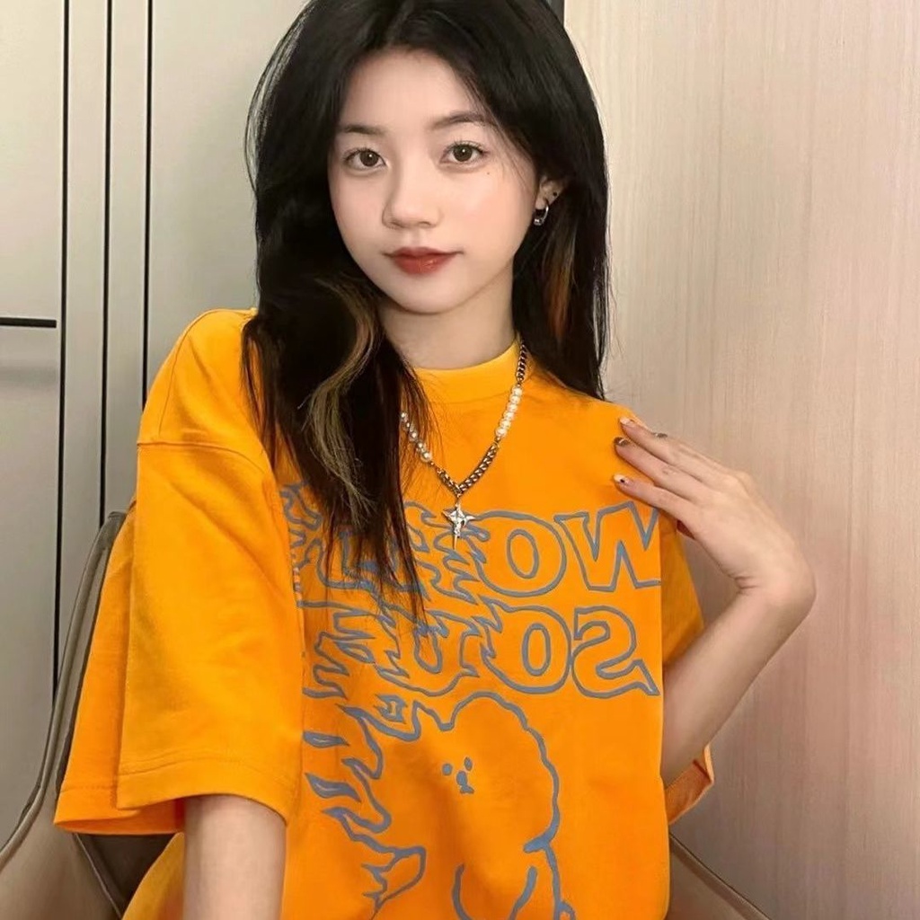 Jiashucheng Áo Thun Nữ Ngắn Tay Dáng Rộng In Hình Gấu Màu Cam Dễ Thương