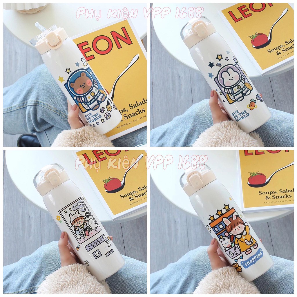Bình giữ nhiệt Inox 304 500ml cute mini có ống hút Bình nước giữ nhiệt BGN01