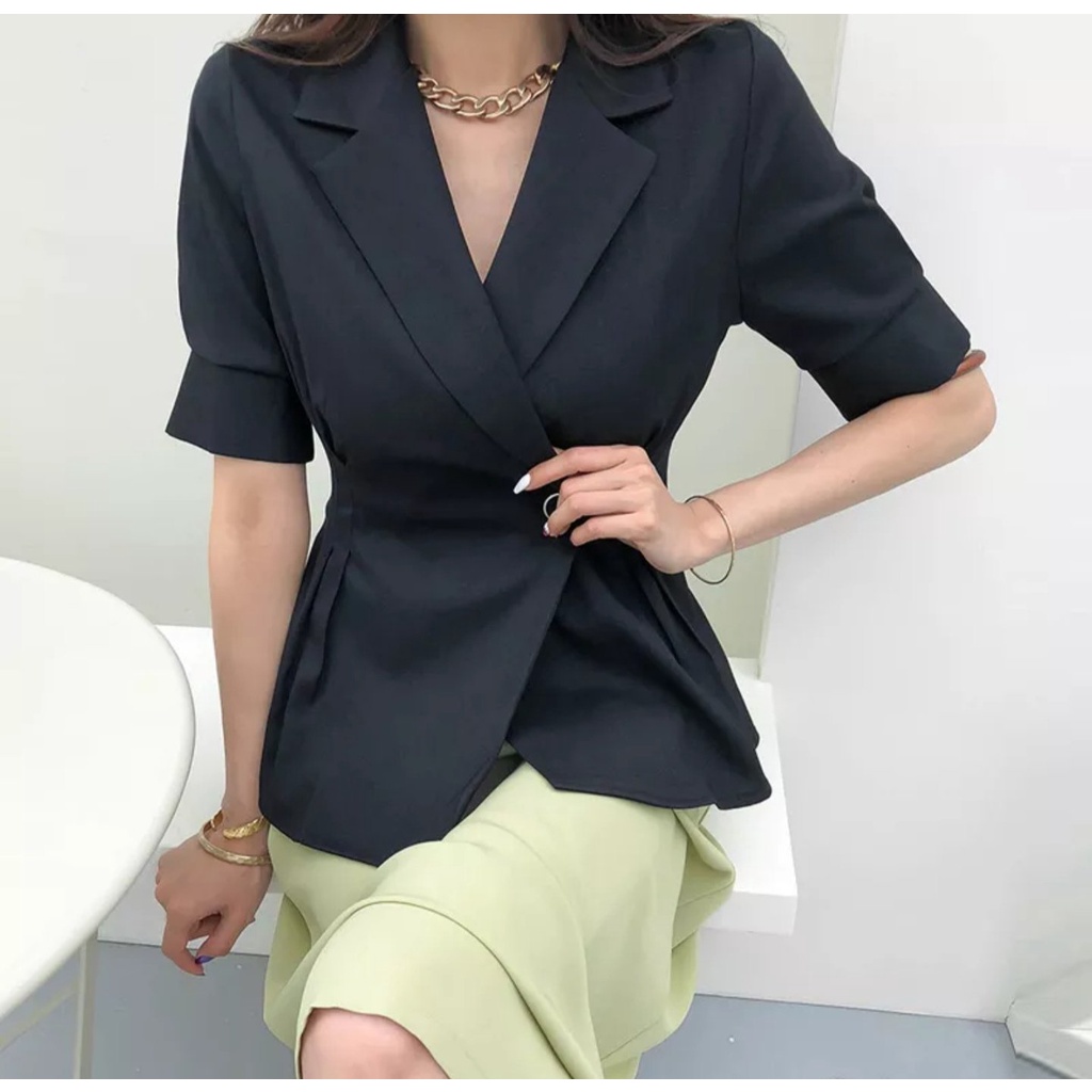 Áo Khoác Vest Blazer Một Nút Tay Ngắn Dáng Dài Thanh Lịch