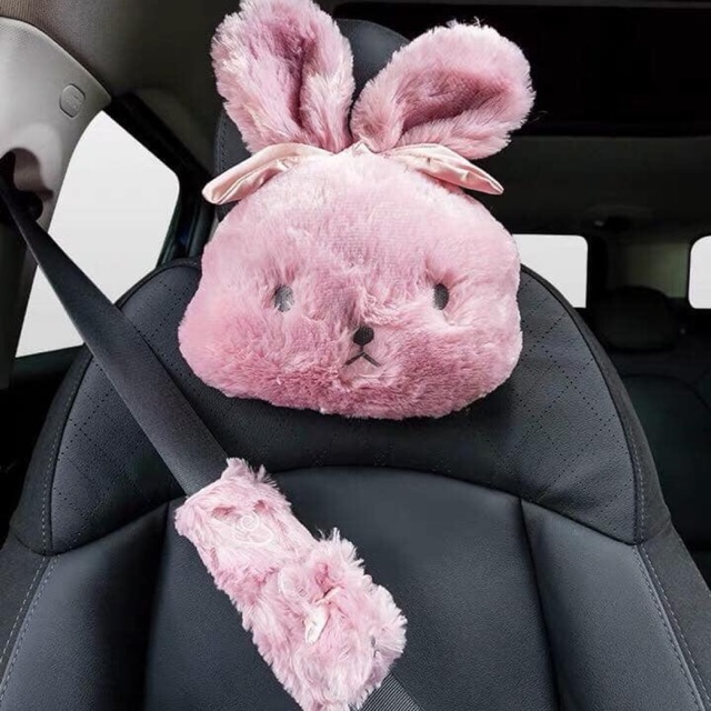 Set Gối Tựa Lưng Xe Hơi, Tựa Đầu Bọc Dây Thỏ Hồng ❤️️FREESHIP ❤️ Gối Tựa Lưng Xe Hơi Chính Hãng Cao Cấp