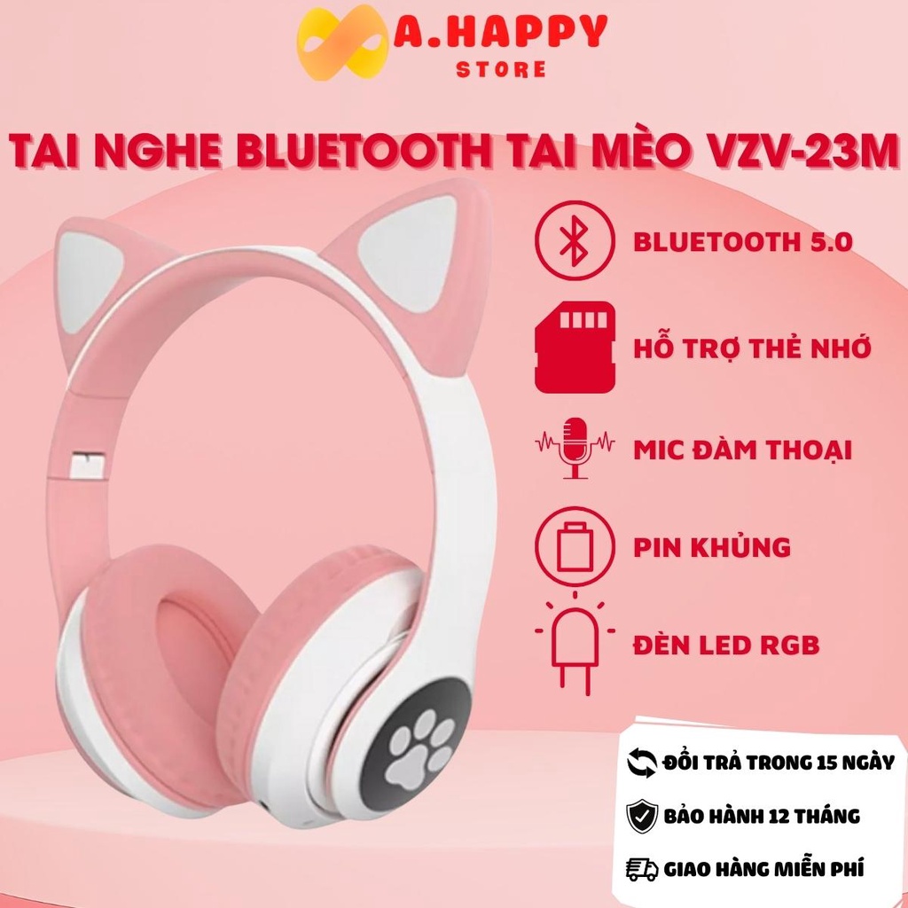 Tai nghe Bluetooth chụp tai VZV-23M | Headphone tai Mèo dễ thương có mic, âm Bass mạnh mẽ, đèn LED c