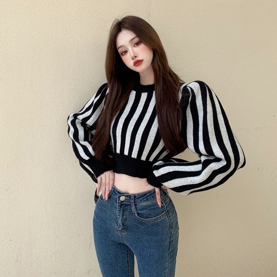 QADCOL Áo sweater dệt kim tay dài phồng họa tiết kẻ sọc nhiều màu sắc thời trang cho nữ