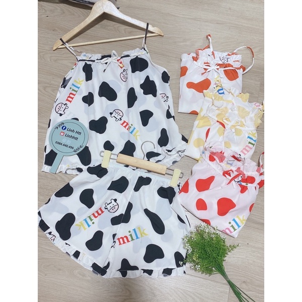 Bộ lụa đùi 2 dây bò sữa form rộng Bộ mặc nhà Linh Htt