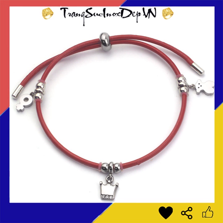 Vòng tay nữ dây da kiểu rút màu đỏ phối phụ kiện inox màu trắng không đen vô cùng xinh xắn, đáng yêu - Nhiều mẫu dễ chọn