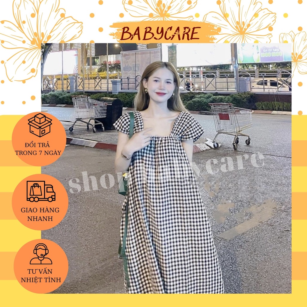 VÁY BẦU 2 DÂY BẢN TO CHẤT THÔ HÀN XỐP KẺ CARO-ĐẦM BẦU MÙA HÈ CHẤT MÁT NHIỀU MÀU